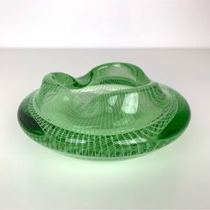 Harrachov Harrtil Trinket Dish Ashtray Lattice Latticino Green Vtg MCM Art Glass